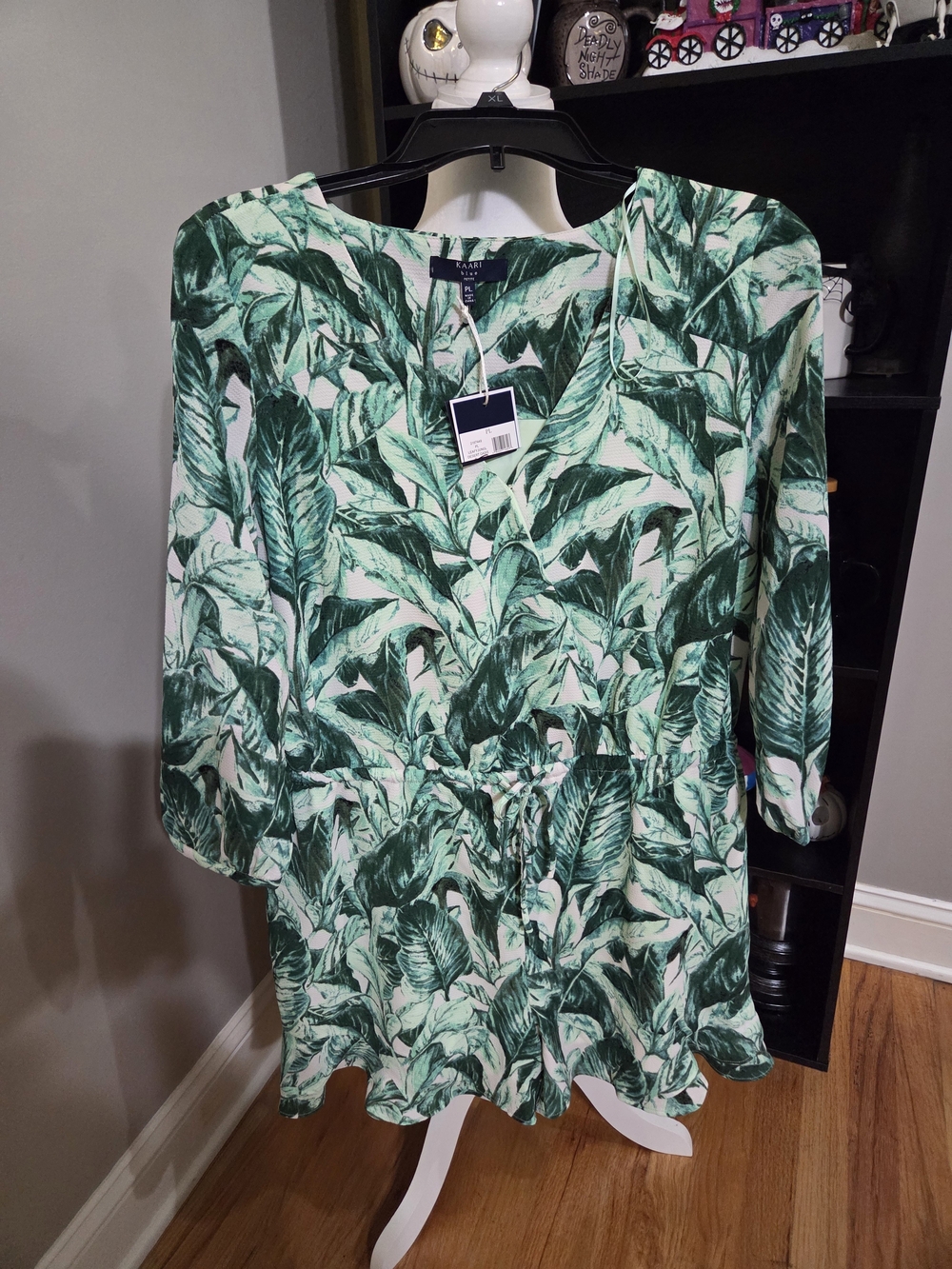 Kaari Blue Green Leaf Print Romper
